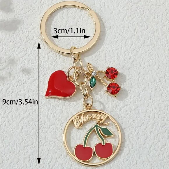 Cherry Bag Charm Keychain Purse Trendy Stylish Glam Bomb Y2K Fruit Gold Heart - Picture 4 of 4